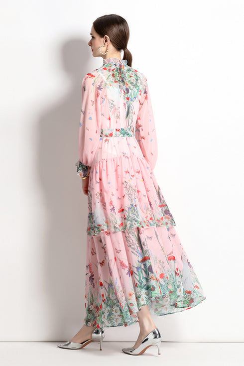 Gorgeous Floral Bow Neck, Long Sleeves, Tiered Ruffled Chiffon Party, Cocktail, Festive Vintage Maxi Dress